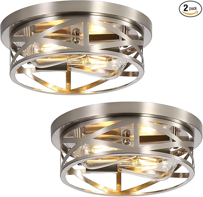 Brushed Nickle Flush Mount Ceiling Light Fixture, 2-Pack Metal Cage Close to Ceiling Lights, Modern 11 Inch E26 Base Indoor Kitchen Ceiling Lights for House Hallway Bedroom