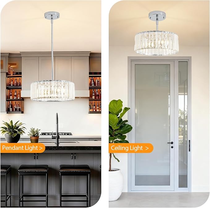3-Light Modern Crystal Chandelier for Dining Room,Small Chrome Semi Flush Mount Ceiling Light Fixtures,12'' Round Kitchen Hallway Pendant Lighting Fixture for Entryway Foyer Laundry Room
