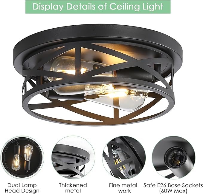 Farmhouse Flush Mount Ceiling Light Fixtures, Industrial Close to Ceiling Light 2-Lights, 11 Inch Metal Black Cage Rustic Style Indoor Light Fixtures for Hallway Kitchen Bedroom Entryway
