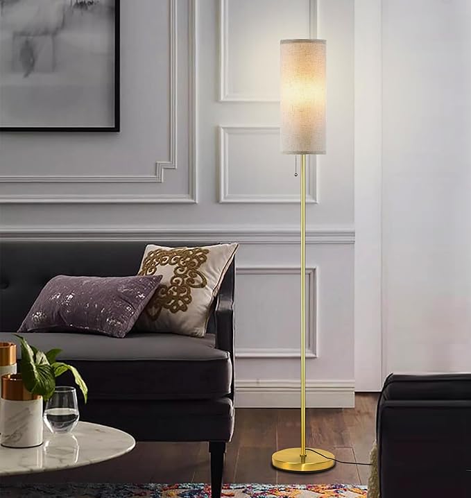 Modern Floor Lamp for Living Room, Gold Standing Lamps with 3 Color Temperatures Bulb, Minimalist Tall Lamp with Chain Switch for Bedroom, LED Bulb Included(Beige Shade+Gold)