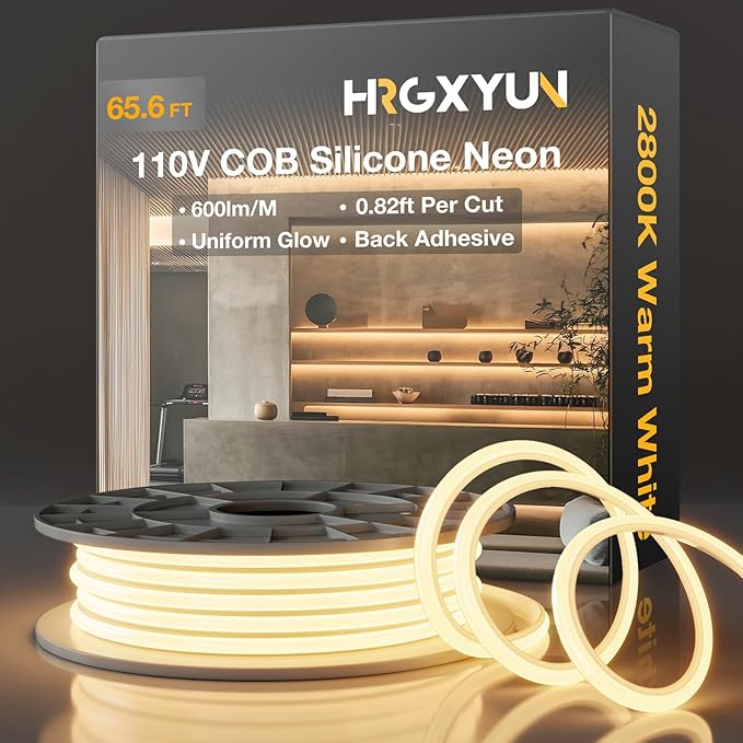 COB LED Neon Rope Light 110V - 20m/65.6ft Waterproof Silicone Rope Light with Adhesive Backing, Cuttable 2800K Warm White Neon Lighting for Cabinets, Home Office & DIY Projects
