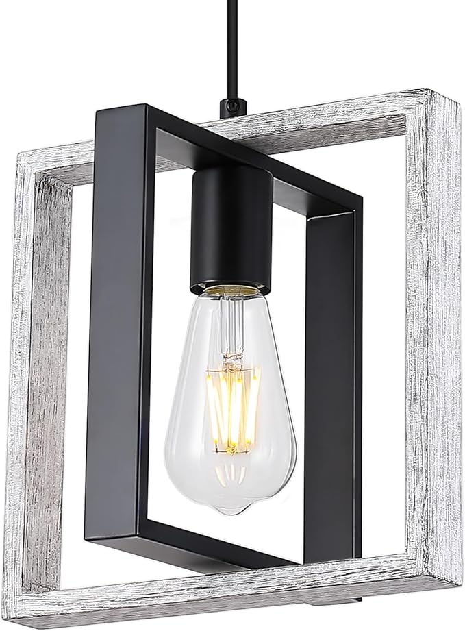 9MMML Wood Pendant Light Kitchen Island, Farmhouse Hanging Lamp with 62'' Height Adjustable Cord, Small Ceiling Pendant Light Fixture for Dining Room, Entryway, Foyer