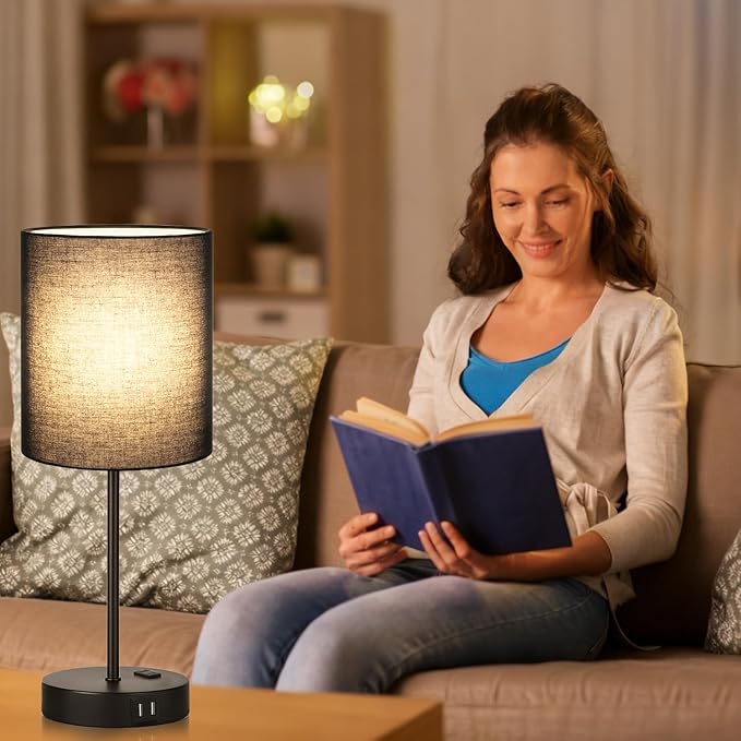 Lynnoland Set of 2 Touch Control Table Lamps with 2 USB & AC Outlet, 3-Way Dimmable Bedside Nightstand Lamps for Bedroom Living Room Nursery, 800 Lumens 3000K Warmlight Bulbs Included