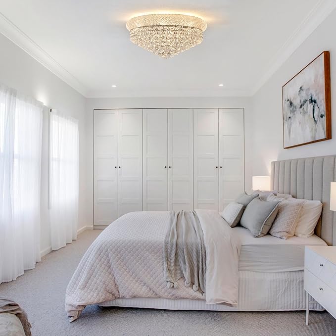 12 - Light Flush Mount Crystal Chandelier for Living Room Dining Room Entryway Hallway Bedroom Foyer Chrome Finish