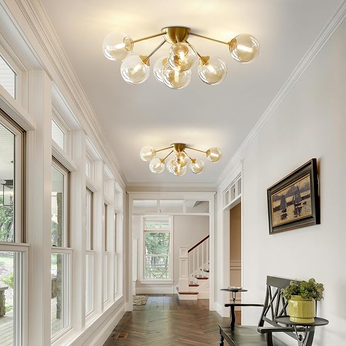 KCO Lighting 7-Lights Mid Century Modern Flush Mount Ceiling Light Overhead Amber Glass Globe Sputnik Chandelier Ceiling Light Fixture Brass Gold Bedroom Living Room Ceiling Lighting