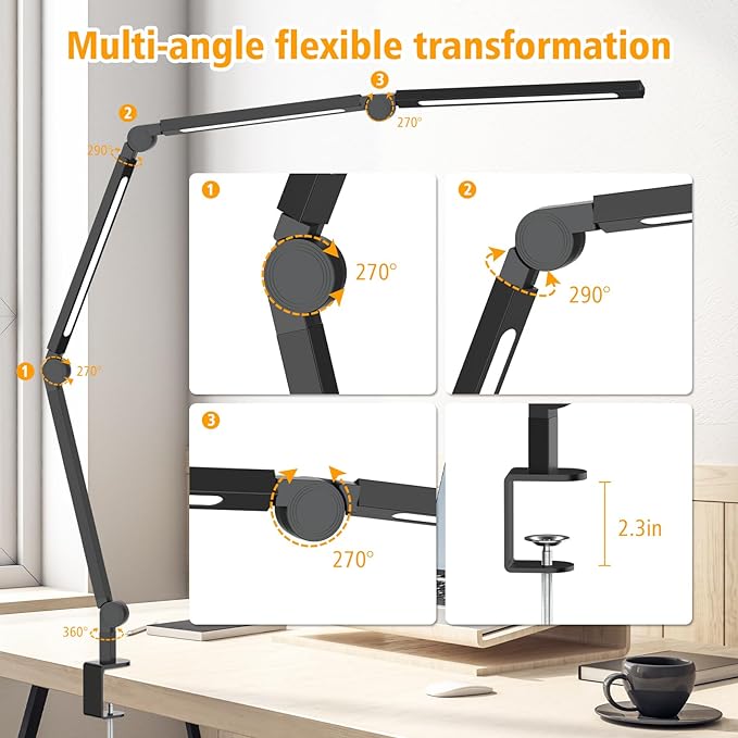 LED Desk Lamp with Clamp,Adjustable Swing Arm Desk Lamps for Home Office,Dimmable Tempering Eye Care Desk Light Bright Modern Led Table Lamp for Nail Tech Architect,Flexible Tall Task Table Light