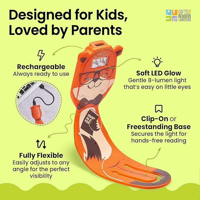 Gifts for Readers & Writers Bookmark Reading Lights Fox 2in1 Clip On Bookmark Kids Light for Reading in Bed, Rechargeable Travel Cute Lights, 20 Lumen LED