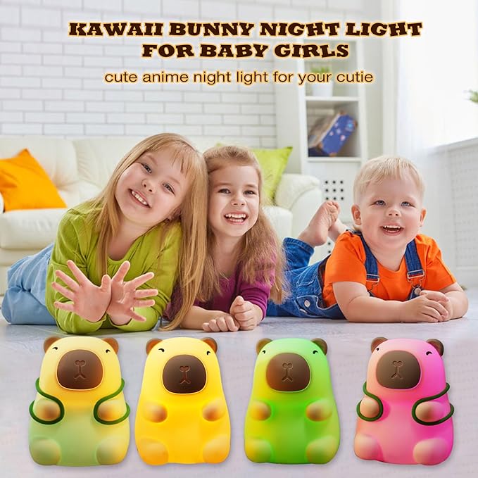 Capybara Night Light for Kids - Adjustable 3 Brightness Levels & 7 RGB Colors, Squishy Animal Decor & Portable Charging Touch Lamp