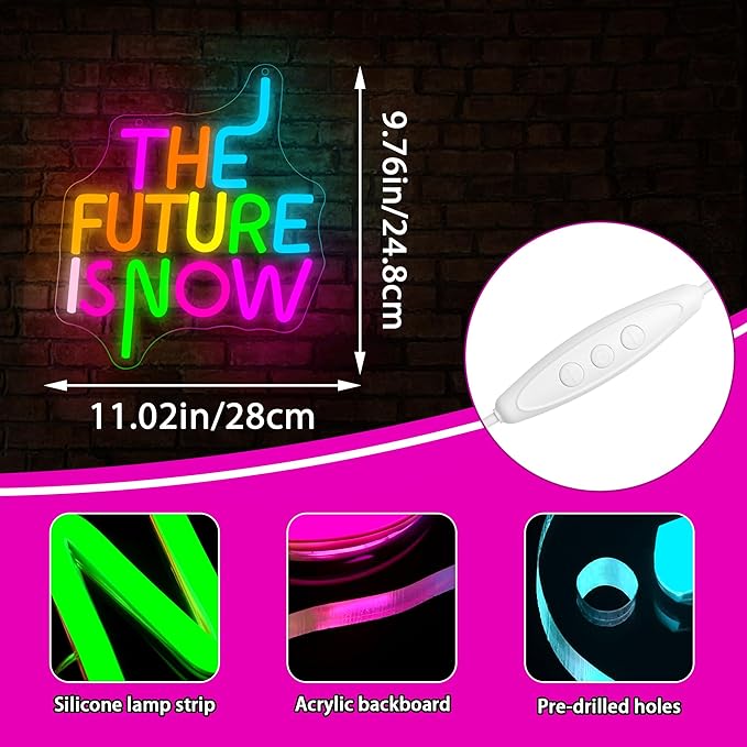The Future Is Now Neon Sign for Wall Decor Dimmable Inspirational Slogan Neon Light for Man Cave LED Sign for Classroom Office Bedroom Library Christmas Birthday Gifts Art Size 11 * 9.7In(WZCP309)