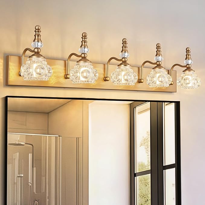 Modern Glass Crystal Vanity Light - Vintage Bathroom Lighting Fixtures Over Mirror, 5 Light Vanity Lights G9 Bulb (35.43 Inch,Brass)