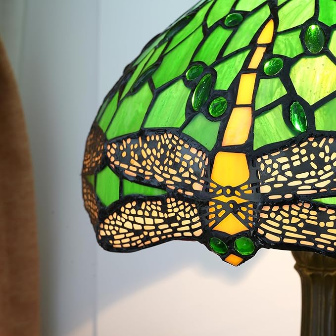 Tiffany Lamp - Green Dragonfly Stained Glass Table Lamp 12x12x18 Inches - Green Dragonfly Style Desk Reading Light - Bedroom & Living Room Decor