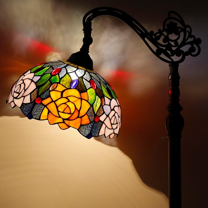 Tiffany Floor Lamp Stained Glass Orange Red Rose Flower Style Arched Reading Light Gooseneck Adjustable Corner Standing Lamp 12X16X66 Inch for Bedroom Living Room Home Office