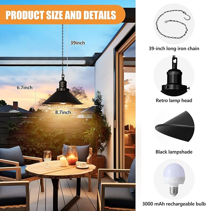1 Pack Black Portable Battery Operated Hanging Light, Rechargeable Wireless Outdoor Pendant Light with Remote, Battery Powered Chandelier Lantern Fixture for Indoor Outdoor Gazebo Porch Patio