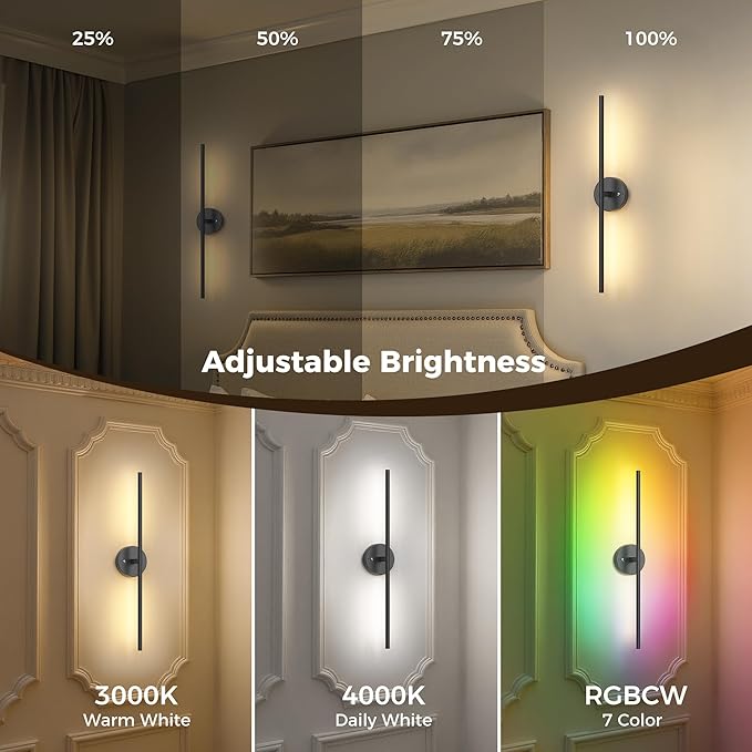 L LOHAS LED Battery Operated Wall Sconces Set of 2, Battery Wall Sconce 10000mAh, Black Rechargeable Sconces 3CCT + RGB, 23.5 Inch Wireless Wall Lights, Sconce Wall Decor for Bedroom, Living Room