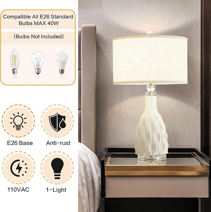 Modern White Textured Ceramic Table Lamps 22.5In, Plug in Table Lamp Decor for Office Living Room Bedroom Bedside Nightstand