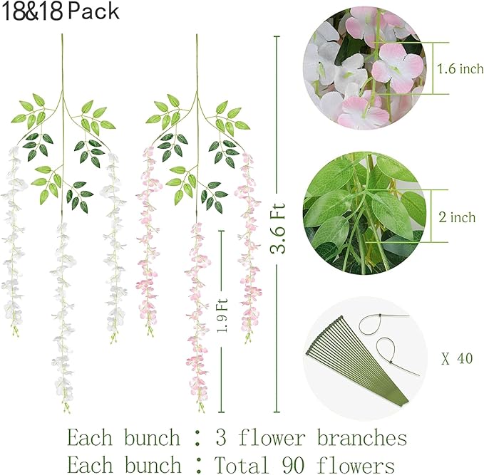 BLEUM CADE 36Pcs White & Pink Fake Wisteria Hanging Flowers, 3.6Ft/Pcs Artificial Wisteria Garland, Hanging Flowers for Wedding Party Home Backdrop Wall Decoration