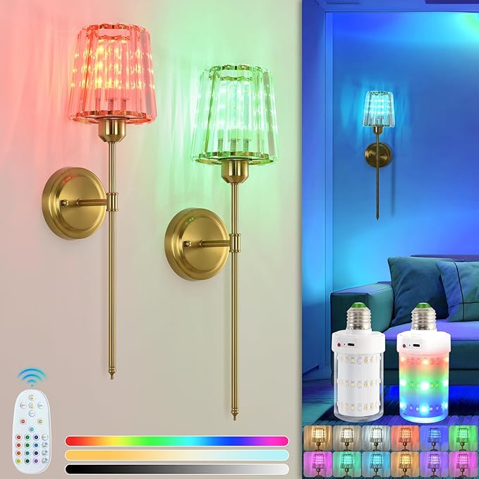 Crystal Battery Operated Wall Sconces Set of 2, Gold RGB Rechargeable Wireless Wall Sconce with Remote for Wall Decor Bedroom Living Room 2 Bulbs Included