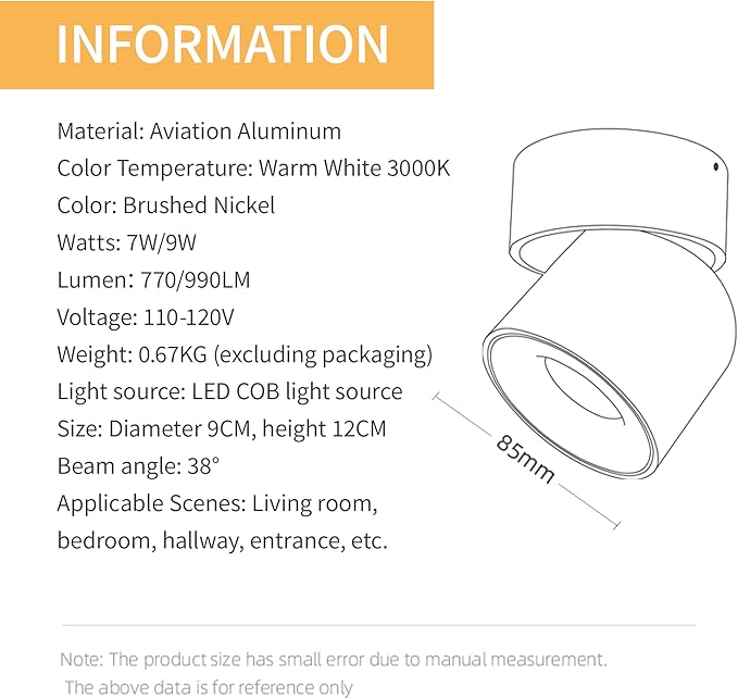 7W LED Ceiling Spotlight Indoor Spot Light with 350° Rotation Dimmable, Surface Mounted Lights with 3000K CRI 97, for Picture Panting Living Room Bedroom Accent Lighting, Brushed Nickel