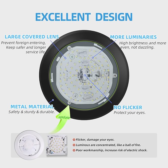 ECOELER 5/6 Inch Black LED Disk Lights, Dimmable Flush Mount Ceiling Disc Light, 16.5W, 1100Lm, 4000K Cool White, Low Profile Surface Mount Downlight for Hallway, Office, Closet, ETL Listed, 6 Pack
