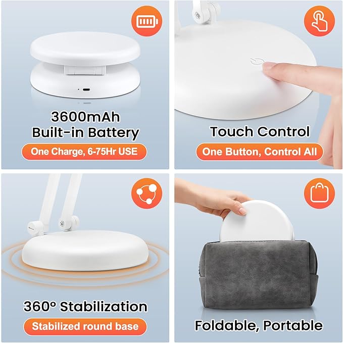 One Fire Cordless Desk Lamp,Dimmable Small Battery Powered Lights,3600mAh Rechargeable Wireless Table Lamp,Mini Lamp&Portable Light for Bed,Book Reading,Home for Small Spaces,Nail Light,Craft,Office