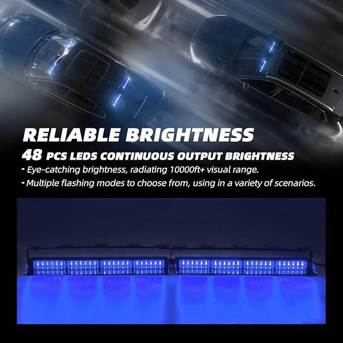 Blue 2 in 1 Police Emergency Dash Strobe Light Bar, Front/Rear 48LEDs Interior Windshield Visor Safety Flashing Warning Hazard Lights for Firefighter Law Enforcement Trucks Vehicles