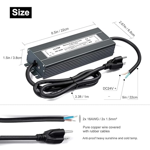LED Power Supply 24V 8.3A 200W LED Driver AC90-130V to 24VDC Converter Low Voltage Transformer Waterproof for Indoor Outdoor LED Lighting