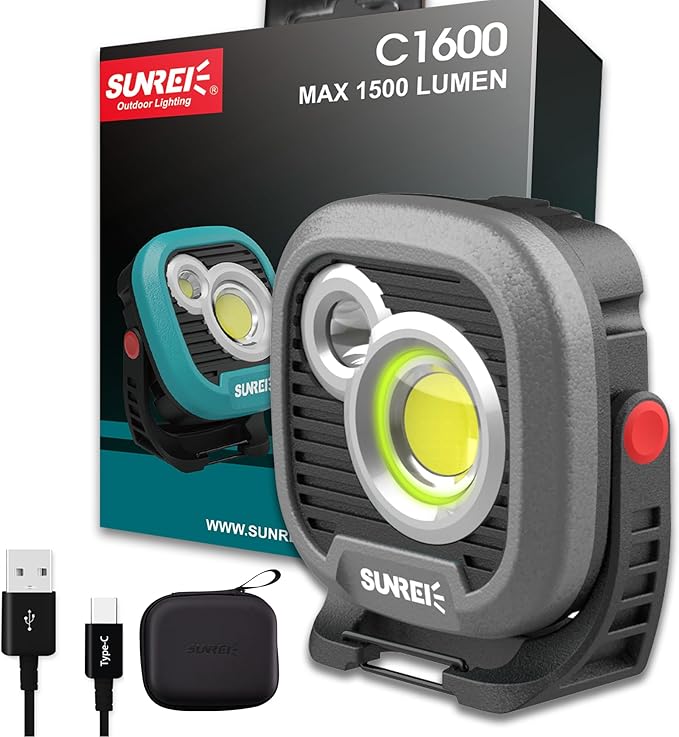 LED Rechargeable Magnetic Work Light SUNREI Mechanic Light Power Bank 180° Rotating, 1500LM, 6 Modes, Magnetic&Hook, 13500mAh Battery, Magnetic Flashlight for Camping, Car Repairing (Gary)