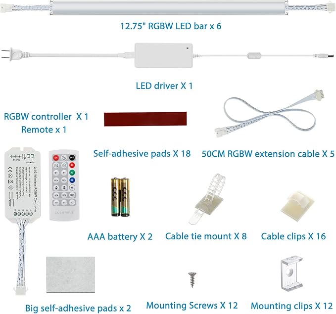 Kitchen Under Cabinet LED Light. RGBW. Color Change & Super Bright Cool White Light. Remote with Dimming. 6 LED Light Bars with Power Adapter, Extension Cable. Plug in. Easy to Install. RGB + 4000K.