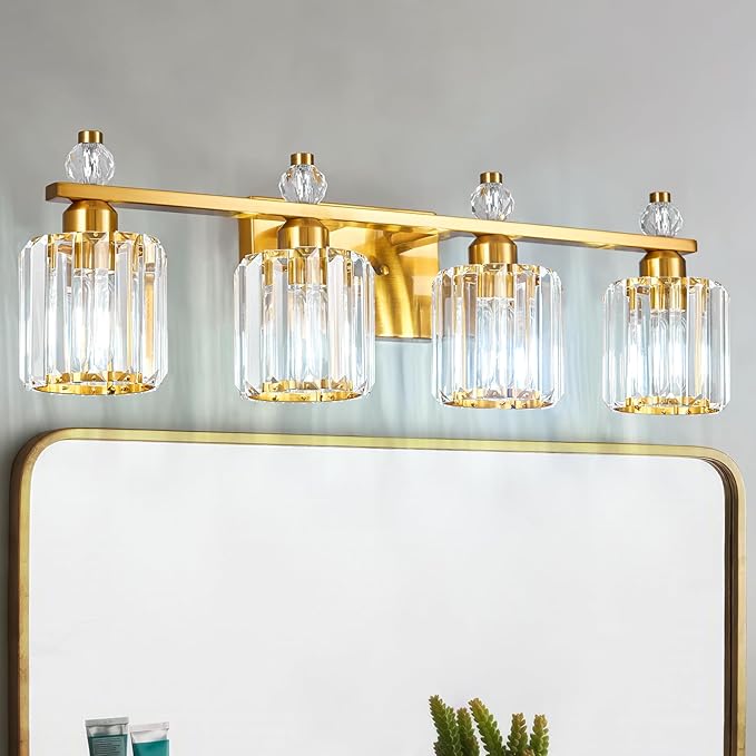 Bathroom Vanity Lights 4-Light Gold Modern Crystal Vanity Light Fixtures Over Mirror Crystal Bathroom Vanity Lighting Fixtures