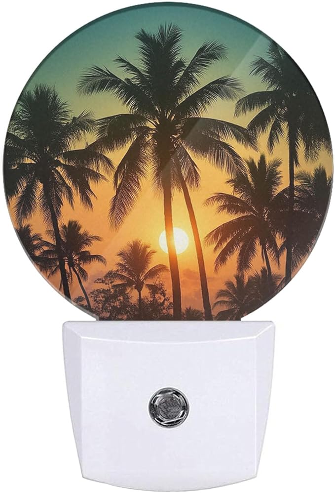 Plug-in Serene Beach Night Light Tropical Sunset with Palm Tree Silhouettes Nightlight with Dusk to Dawn Sensor, Auto On/Off 0.5W Energy-Saving LED Lighting Sleep Friendly