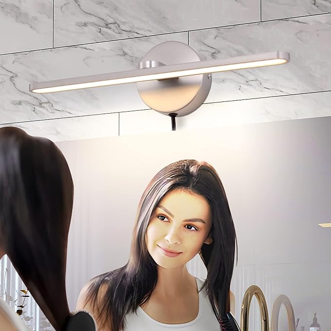 MantoLite LED Vanity Lighting Fixtures, 16inch Wall Mounted Plug in Light Fixtures Bathroom Over Mirror Lamp Modern Home Bedside Wall Picture Lamps Sconces, 12W 3000K Nickel Make-up Mirror Front Lamp