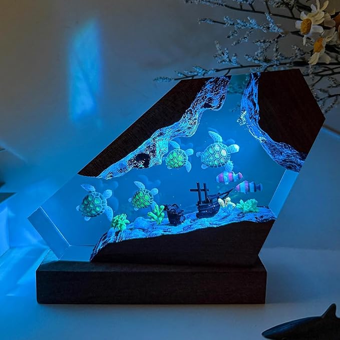 Sea Turtle Ocean Resin Lamp - Handmade Resin Night Light with USB Port, Variable Lights, Sea Turtle Gifts for Women and Men, Ocean Enthusiast Collectibles, Unique Birthday Gifts for Him & Her (10"x6")
