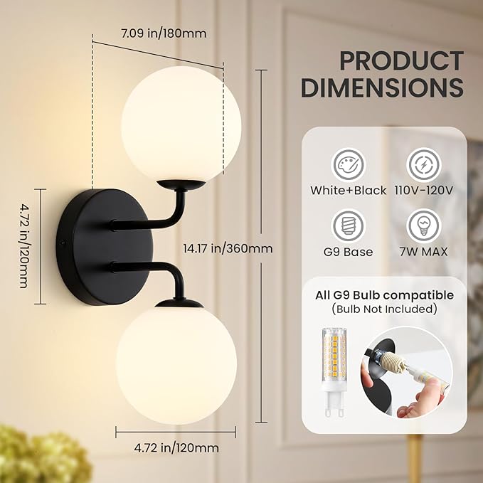 Wall Sconce Set of Two Globe Glass Black Vanity Lights Modern Globe Wall Light Mid Century Wall Sconce 2 Light for Bathroom Vanity Light Mirror Living Room Bedside Living Room (Bulbs Not Included)
