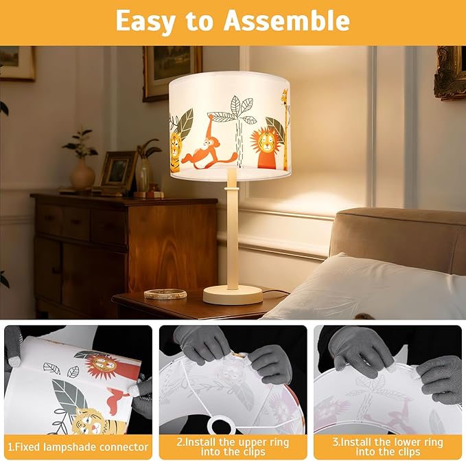 Drum Lamp Shades Set of 2,13"Decorative Fabric Lampshades for Table Lamps,Floor Lamps and Chandeliers,Replacement Light Shades with Cute Jungle Animal Print for Kids Room,Spider Fitter, Fits E26 Bulbs