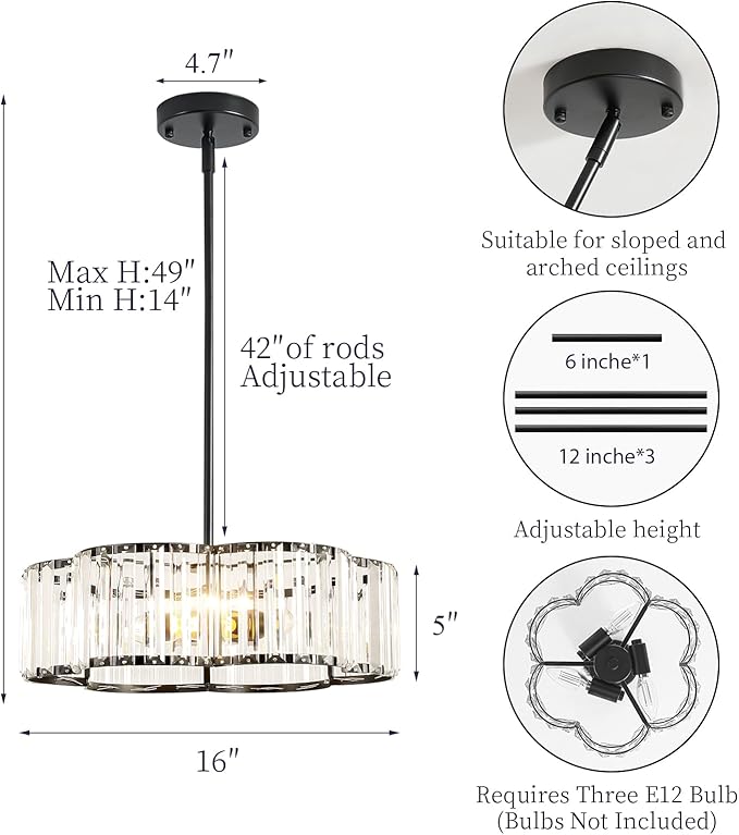 3-Light Black Crystal Chandelier for Dining Room,Modern Semi Flush Mount Ceiling Lighting Fixtures,Round Kitchen Hanging Drum Pendant Lights for Living Room Bedroom Foyer， 16 Inch