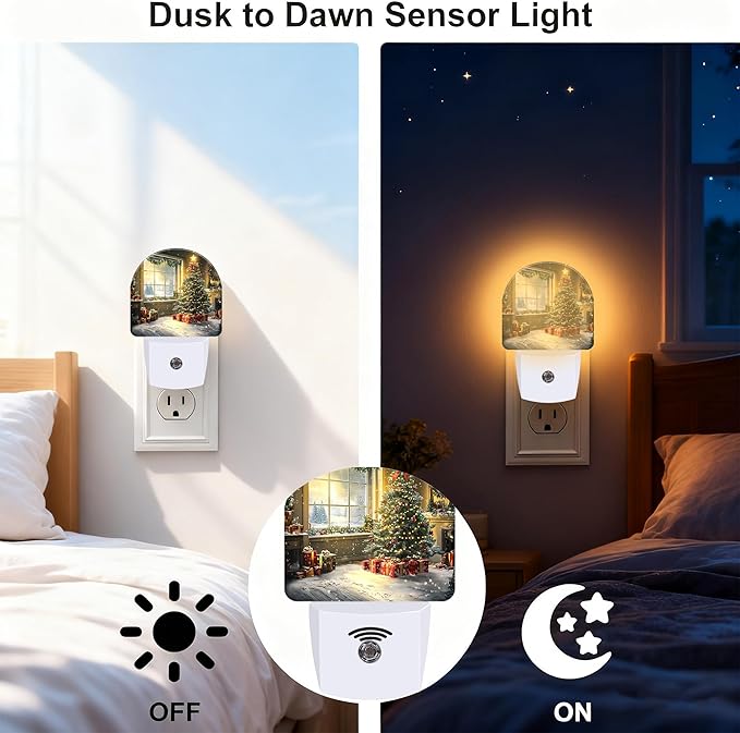 Christma Tree and Gifts Night Light, Dusk-to-Dawn Auto Sensor Plug in Night Light for Kids, 0.5W Energy Saving LED NightLights for Bedroom/Bathroom, Ideal Gifts for Women Men