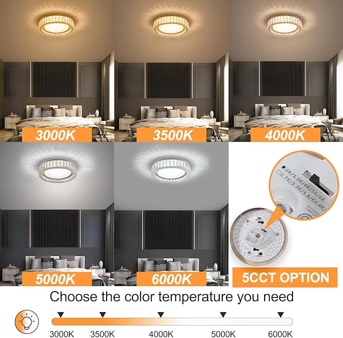 Modern K9 Crystal Dimmable LED Flush Mount Ceiling Light,15 Inch 36W/5CCT 3000K-6000K,Luxury Gold Round Large Close to Ceiling Lighting Fixtures for Living Room,Kitchen,Bedroom,Dining Room
