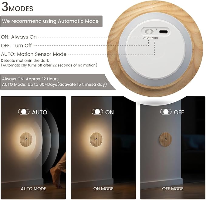 Motion Sensor Night Lights Wood, Rechargeable Battery-Powered Magnetic Stick-On Night Lights Wall Lights for Hallway, Bedroom, and Stairs (Ash Wood *2Pack)
