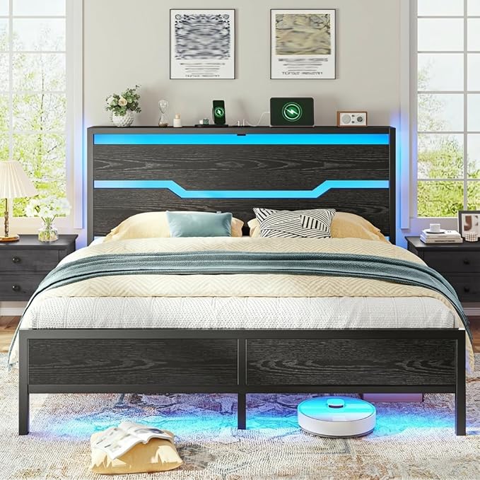 Full Size Bed Frame with LED Lights & Charging Station, Bed Frame Full with Storage Headboard,13" Under Bed Storage, No Box Spring Needed,No Noise, Easy Assembly,Modern Black