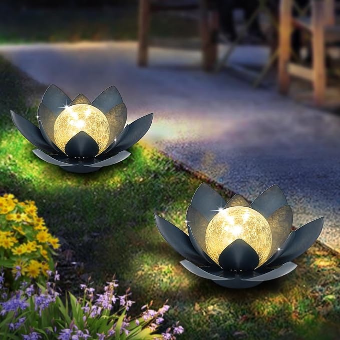 Huaxu Solar Lights Outdoor Garden Decor Crackle Glass Globe Lotus Flower Gray Metal Waterproof Light for Patio, Lawn, Walkway, Tabletop, Ground,Christmas Gifts for Mom,Women