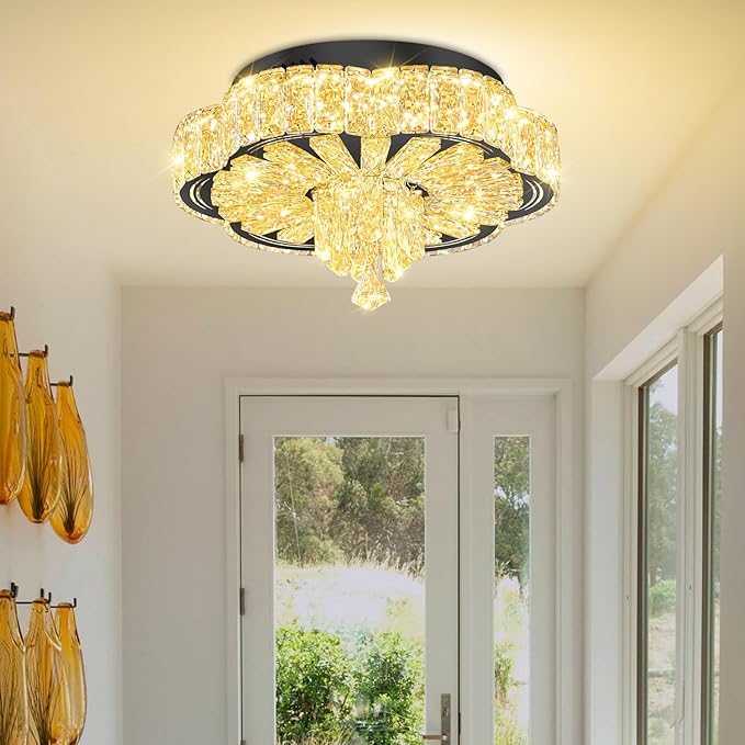 Modern Empire Crystal Chandelier Black 16inches Crystal Raindrop Ceiling Light for Living Room Bedroom LED Infinity Dimmable 3000-6000K