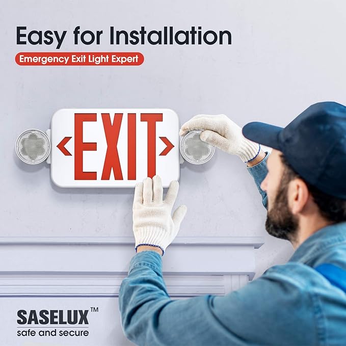 Red Led Exit Sign Emergency Light Combo Adjustable Two Head, Double Sided and Battery Backup Exit Light, Contractor Select, AC 120/277V (4 Pack)