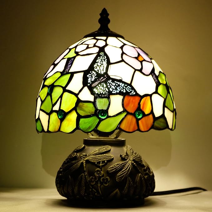 Small Tiffany Table Lamp Stained Glass Desk Lamp 8X8X11 Inch Accent Antique Light (Butterfly Flowers)