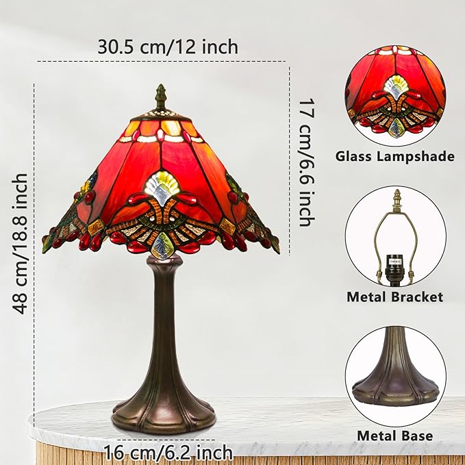 Tiffany Style Table Lamp, Small Stained Glass Lamp for Bedside, Bedroom, Nightstand, Living Room, 12 Inch Mini Vintage Light Included E26 Bulbs with Remote Control (Red Umbrella)