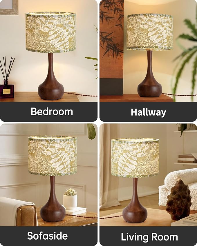Vintage Boho Green Flower Fabric Red Wood Pattern Bedside Nightstand Table Lamp for Bedroom, Mid Century Modern Farmhouse Decorative Table Lamp Desk Lamp for Living Room Hallway Home Office