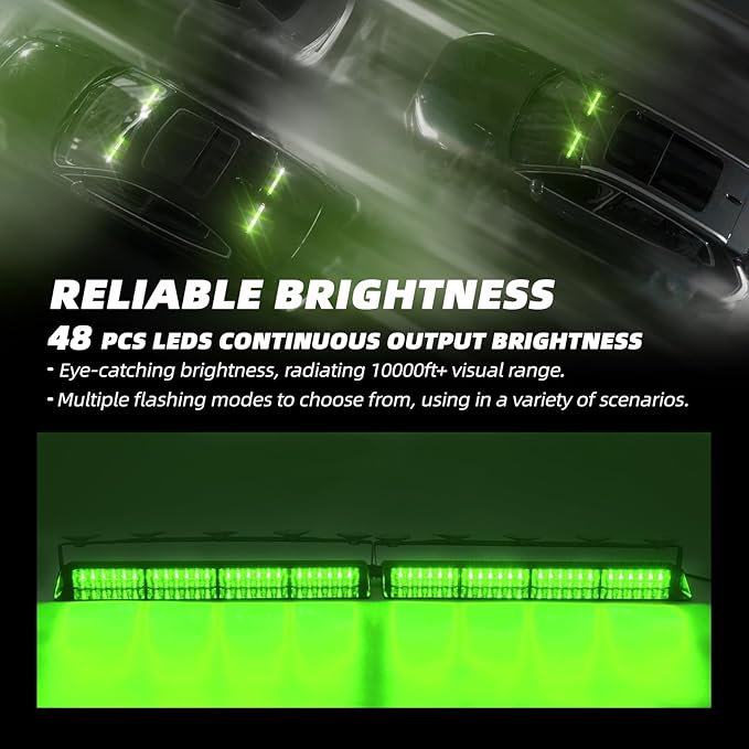 Green 2 in 1 Emergency Dash Strobe Light Bar, Front/Rear 48LEDs Interior Windshield Visor Safety Flashing Warning Hazard Lights for Trucks Vehicles