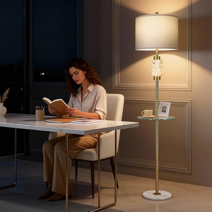 Modern Floor Lamp for Living Room with Glass Tray and Night Light, Alabaster Bedroom Lamp, Tall Lamp with Linen Shade, Marble Base Standing Lamp for Living Room,Bedroom,Office(Bulb Included)