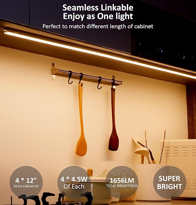 Under Cabinet Lighting Plug in, 12 Inch 4 Pcs, Linkable AC120V 3CCT 3000K/4000K/5000K Ultra Slim, LED Under Cabinet Lights for Counter Light, Kitchen, Shelf, Sink, Workshop, Desk, White