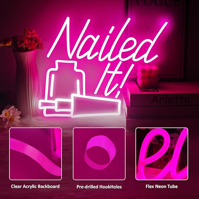 Nailed It! Neon Sign for Wall Decor, Nail Salon Decor for Wall, Nail Room Decor for Beauty Store Nail Salon Nail Bar, Nail Polish Bottle Led Sign with Dimmer, Decoration USB Powered with Switch