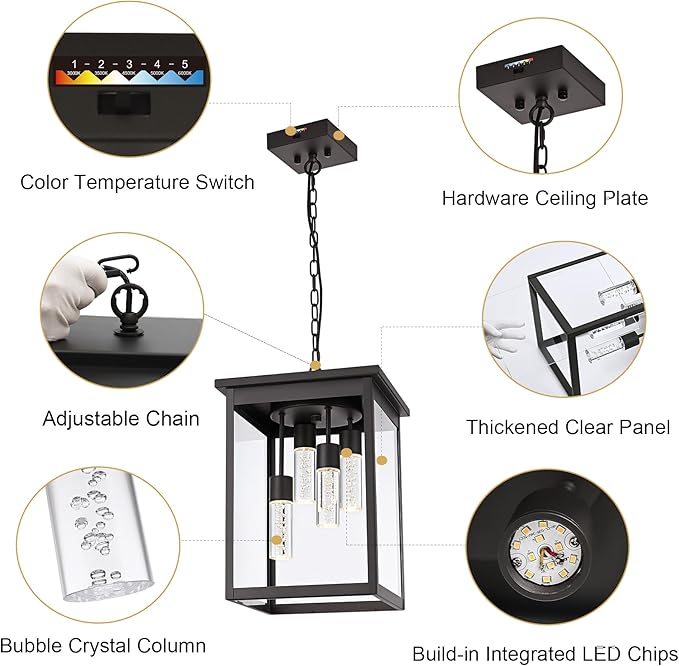 TODOLUZ LED 5CCT 4-Light Large Outdoor Pendant Light Fixtures in Oil Rubbed Bronze, Adjustable Height Porch Hanging Lighting for Yard Entryway Patio, Exterior Ceiling Lantern LED Chips Included